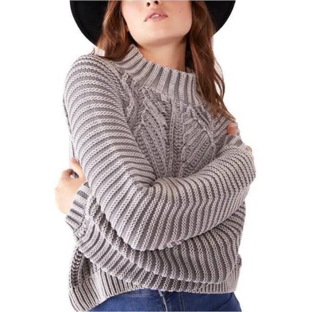 Free People Sweetheart Sweater Tungsten Grey Chunky Knit Mock Neck‎ Pullover M